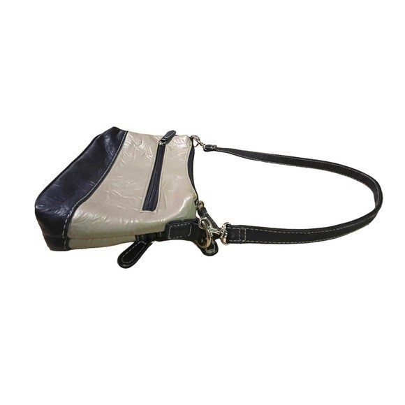 Stone & Co Tumbled Leather Beige & Navy Blue Small Double Zip Shoulder Bag Purse - Picture 5 of 14